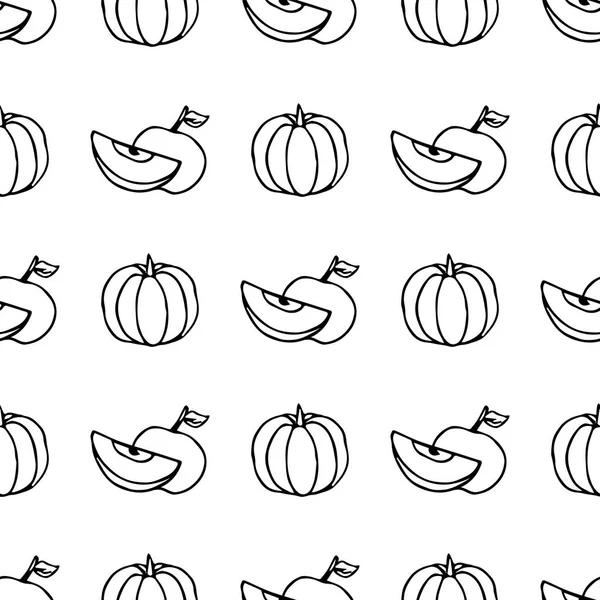 手工绘制的秋季无缝图案 南瓜和苹果 秋天收获 向量例证 — 图库矢量图片