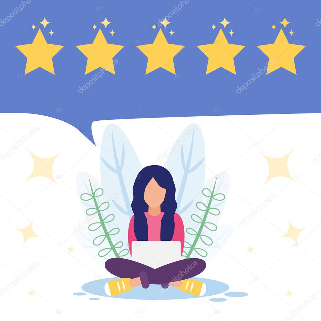 Vector illustration a positive, good online review for a product or service.  Graphic design for the site section, reviews, good work contented consumer. Five stars rating, girl siting with a lap top on white background. 
