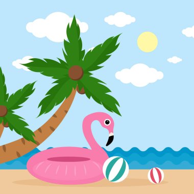 Yaz manzara, deniz/okyanus. Daire kaydetme, palmiyeler, plaj topu ile flamingo pink. Vektör çizim, geri kalan kavramı.