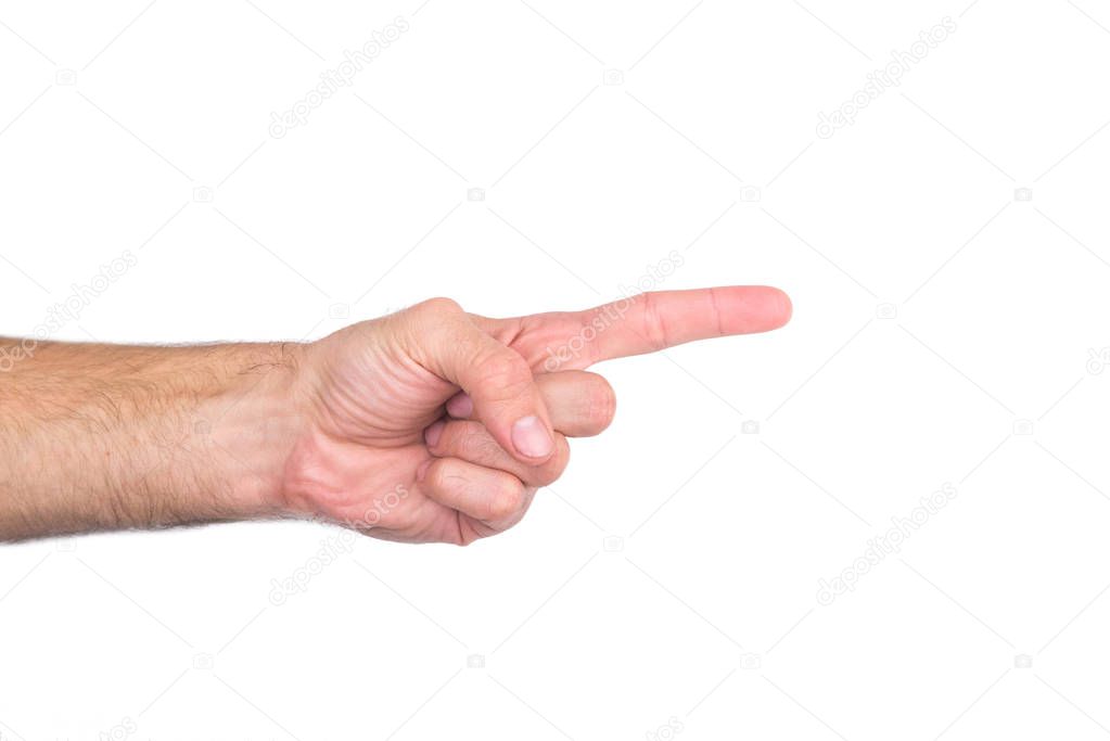 Mans hand pointing his finger isolated on a white background.