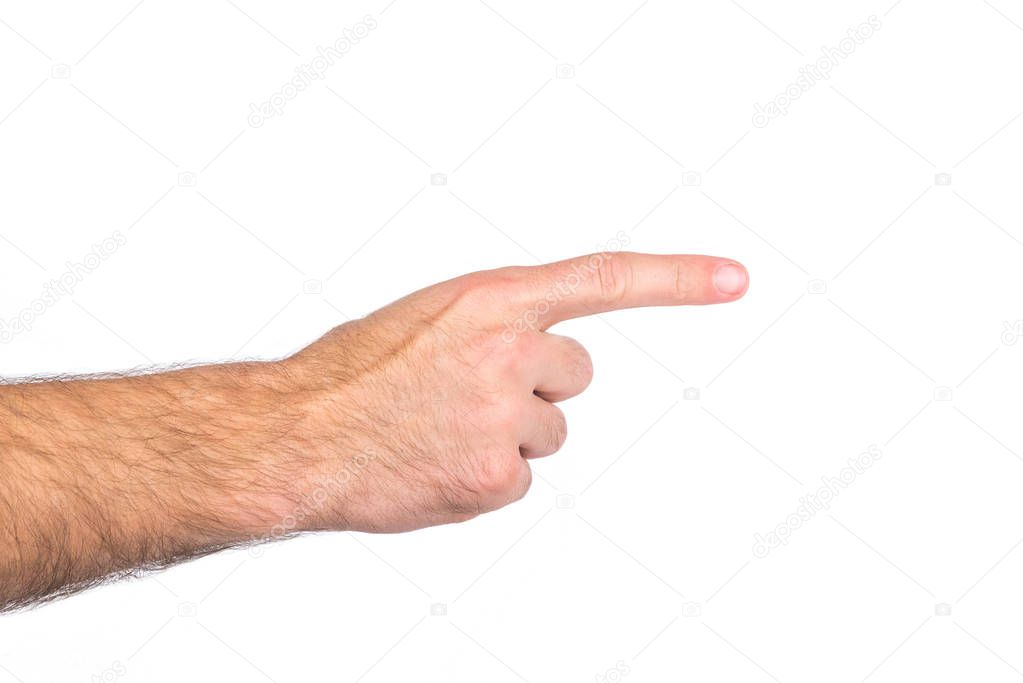 Mans hand pointing his finger isolated on a white background.