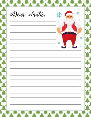 Santa şablon, yazdırılabilir sayfa mektup. Şenlikli bir arka plan üzerinde hediyeler ile Noel ağacı. 