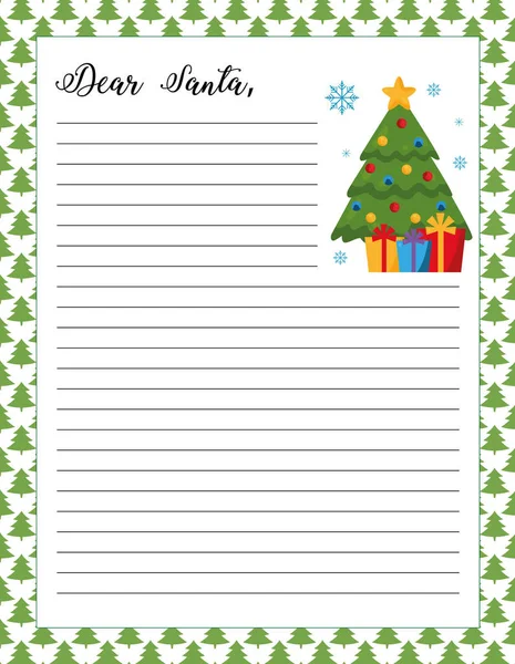 Letter Santa Template Printable Page Christmas Tree Gifts Festive Background — Stock Vector