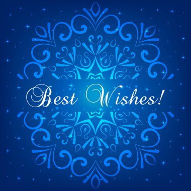 Soyut kar tanesi, en iyi dilek mavi arka plan, vektör çizim yazı ile tebrik kartı tasarımı 