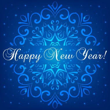 Soyut kar tanesi, Happy New Year mavi arka plan, vektör çizim yazı ile kart tasarımı tebrik 