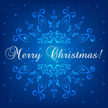 Kar tanesi abstract, tebrik kartı tasarım Merry Christmas üzerinde yazı ile mavi arka plan, illüstrasyon vektör