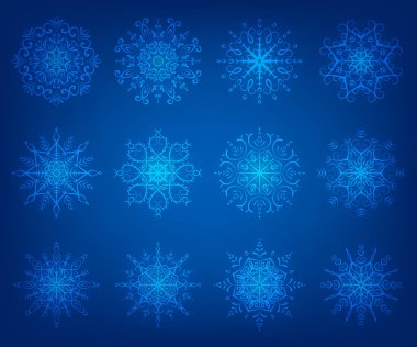 Parlayan etkisi, vektör çizim, tasarım için malzeme ile farklı kış kar taneleri kümesi 