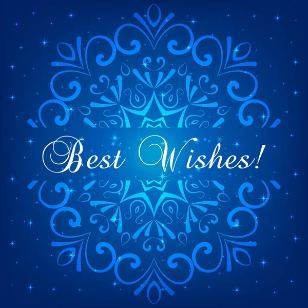 Abstract Snowflake Greeting Card Design Lettering Best Wishes Blue Background — Stock Vector