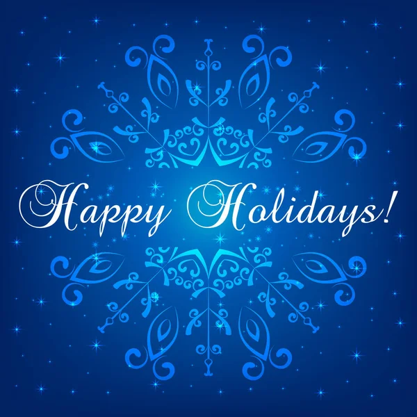 Abstract Snowflake Greeting Card Design Lettering Happy Holidays Blue Background — Stock Vector