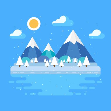 Düz tasarım, ağaçlar, Güneş ve bulutlar, dağlar kış moda manzarada. Gün vektör çizim
