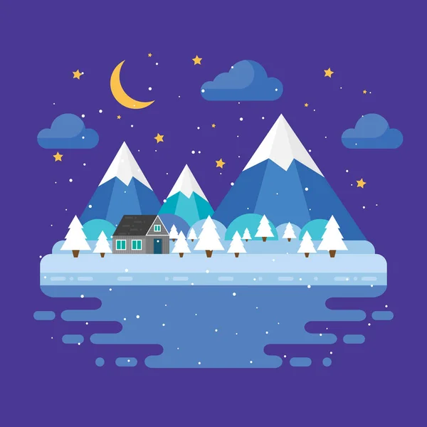 Winter Trendy Landscape Flat Design Trees Moon Stars Mountains Night — Stock Vector