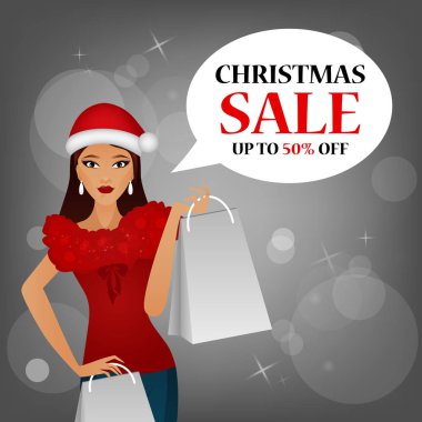 Paketleri, Noel, yeni yıl alışveriş ve satış, kavramı ile Noel şapkalı glamour kız satın alma, büyük satış. Noel satışında konuşma balonu. Vektör çizim.
