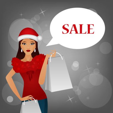 Paketleri, Noel, yeni yıl alışveriş ve satış, kavramı ile Noel şapkalı glamour kız satın alma, büyük satış. Konuşma balonu satışında. Vektör çizim.