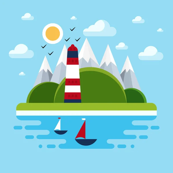 Natuur Landschap Zee Met Vuurtoren Boten Moderne Platte Vectorillustratie Panorama — Stockvector