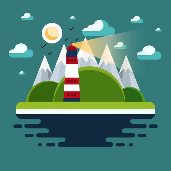 Natuur Landschap Zee Met Vuurtoren Boten Moderne Platte Vectorillustratie Panorama — Stockvector