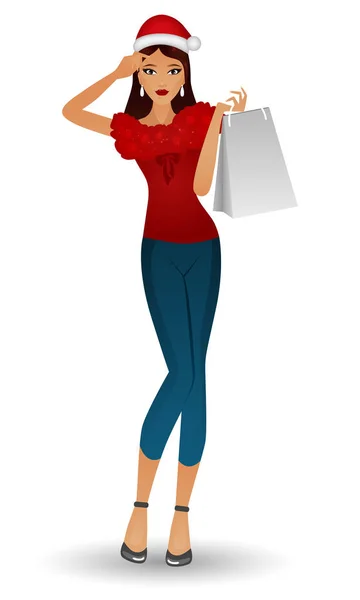 魅力女孩在圣诞帽子与包 新年的概念 圣诞购物和销售 为假期做准备 大销售 矢量插图 — 图库矢量图片