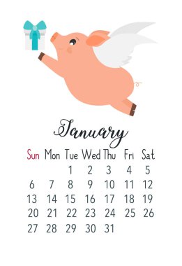 Ocak 2019 yıl şirin takvim sayfası ile pembe domuz bir hediye ile uçan vektör karikatür tarzı çizim. emplate baskı.