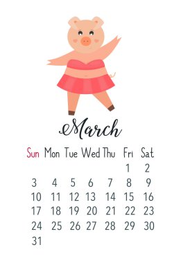 Vektör karikatür tarzı çizim Marhc 2019 yıl şirin takvim sayfasının pembe domuz kızla dans. Yazdırma için şablon.