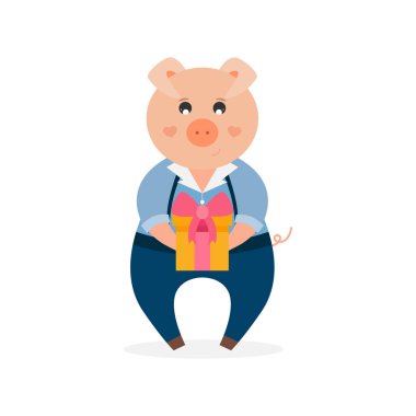 Bir hediye/hediye tutarak domuz. Şirin çocukça vektör çizim. 