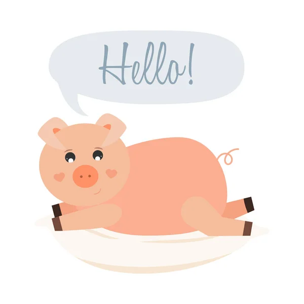 Pig Laying Pillow Saying Hello Cute Childish Vector Illustration — Stock Vector