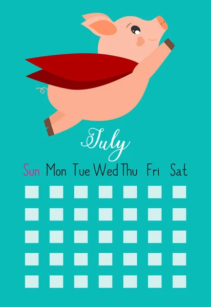 Vector Cartoon Style Illustration July Cute Calendar Page Pink Pig — Stock Vector