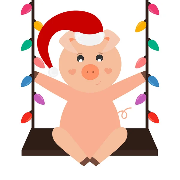 Świnia Santa Hat Jest Huśtawka Mikołaje Pomocnika Ilustracji Wektorowych — Wektor stockowy