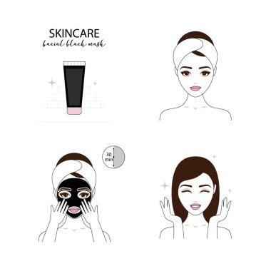 Güzel bir kadın yüzü hakkında dikkat çekmek. Resimli adımları nasıl siyah bir maske uygulayın. İzole çizgili çizimler seti.