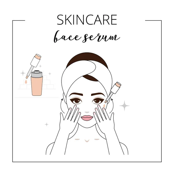 Femme Utilisant Sérum Pour Visage Prenant Soin Visage Illustration Vectorielle — Image vectorielle