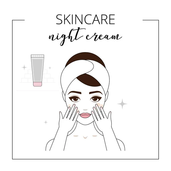 Woman Using Night Cream Taking Care Face Lined Vector Illustration — Stock Vector