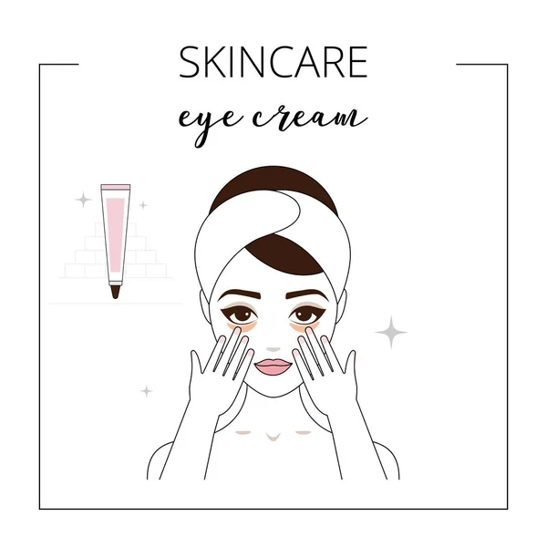 Woman Using Eye Cream Taking Care Face Lined Vector Illustration — Stock Vector