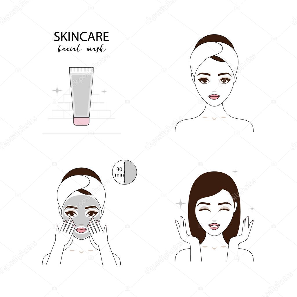 Beautiful woman take care about her face. Illustrated steps how to apply a facial mask. Isolated lined illustrations set.