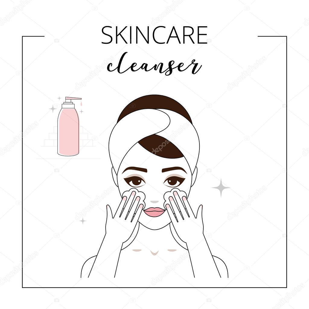 Woman using cleanser, taking care about face. Lined vector illustration.