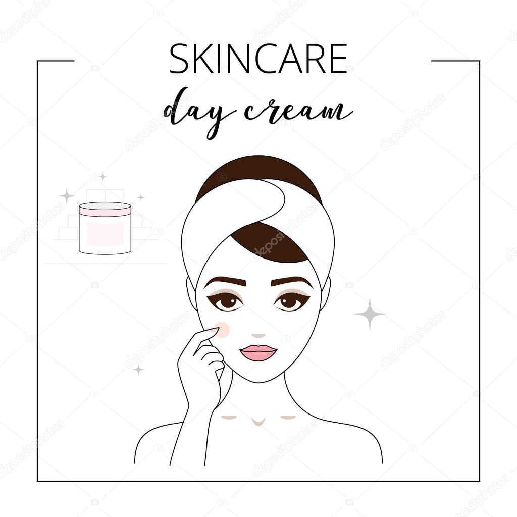 Woman using day cream, taking care about face. Lined vector illustration.
