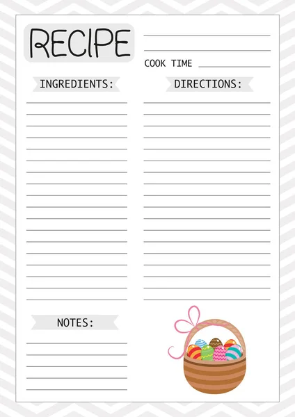 Recipe Template Page Planner Cook Book Vector Illustration Easter Basket — Stock Vector