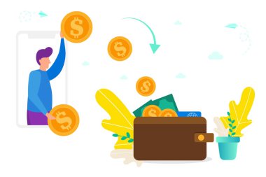 Smartphone ve m-cüzdan, verme/alma para, online ödeme, dönüm online para kavramı arasında para transferi içine para vektör çizim web, UI, açılış sayfası, afiş, poster, afiş için.