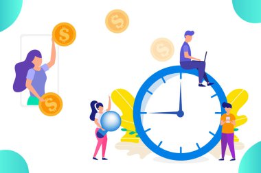 Para, grup yapıyor zaman ve iş, kavramı kazanç, para ödemeden çalışma insanlar, web, UI, açılış sayfası, afiş, poster, afiş için illüstrasyon vektör