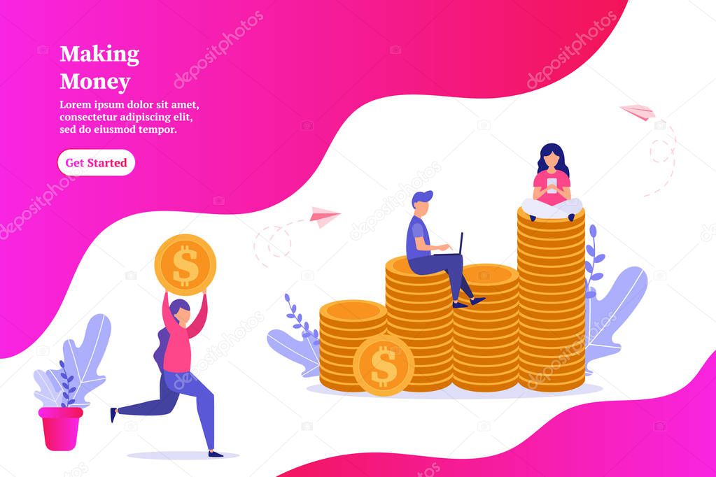 Making money online, people working, a lot of money vector illustration for web, ui, landing page, flyer, poster, banner.