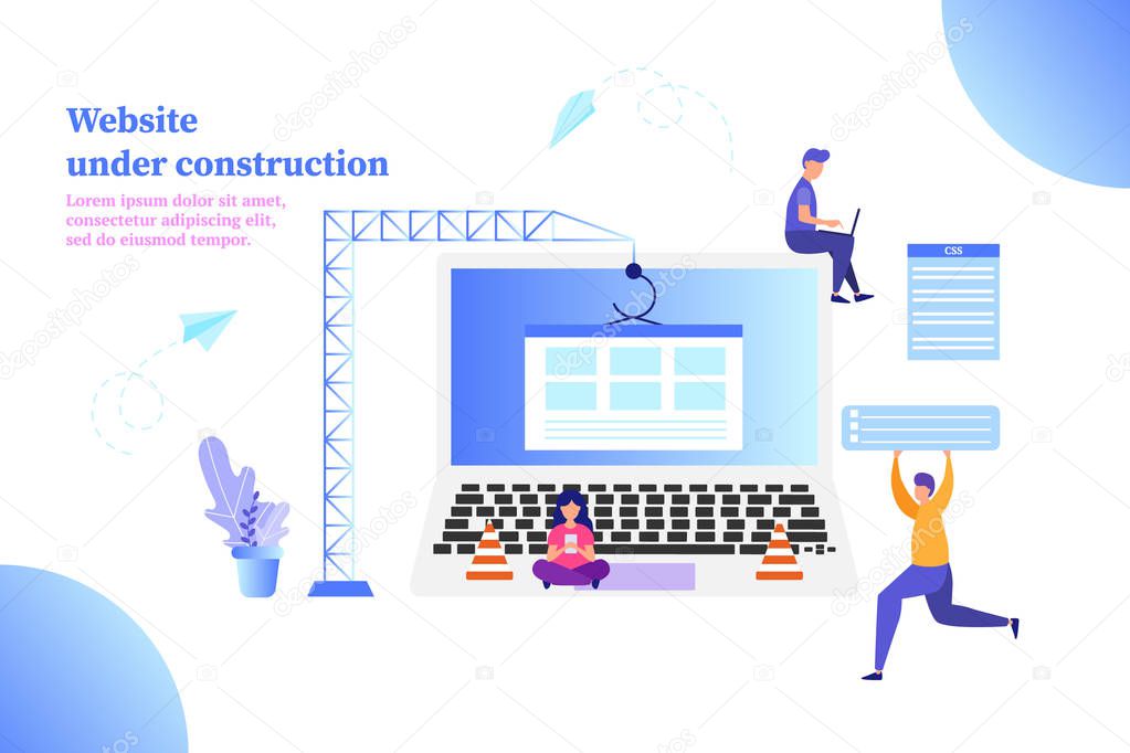 Website under construction, group of people working on website, vector illustration for web, ui, landing page, flyer, poster, banner.