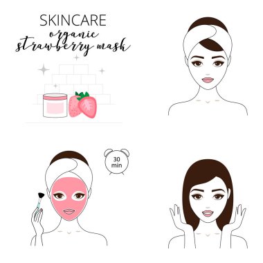 Güzel bir kadın yüzü hakkında ilgilenir. Resimli adımları yüz için organik çilek maskesi uygulamak nasıl. İzole çizgili çizimler seti.