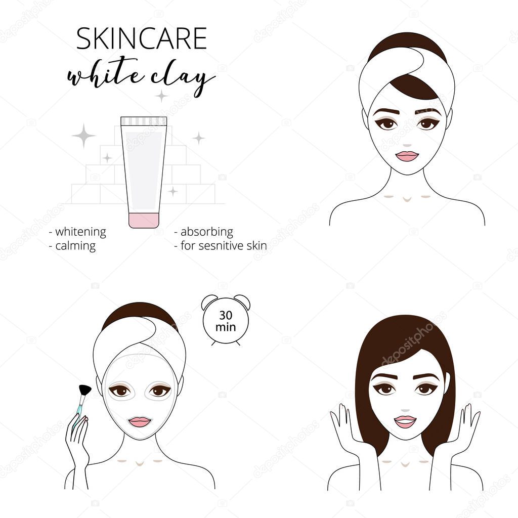 Beautiful woman takes care about her face. Illustrated steps how to apply a white clay mask for face.  Isolated lined illustrations set.