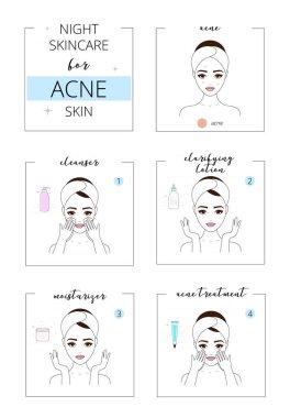 Akne cilt, yüz gece bakımı akne cilt için güzel kızla. Çizgi stili vektör çizim, beyaz arka plan üzerinde izole.