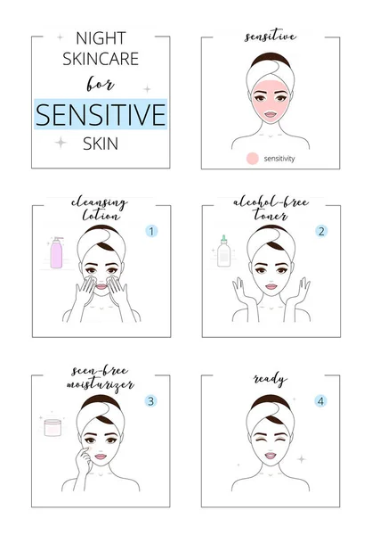 美丽的女孩敏感的皮肤 脸夜间护理痤疮皮肤 线样式向量例证 查出在白色背景 — 图库矢量图片