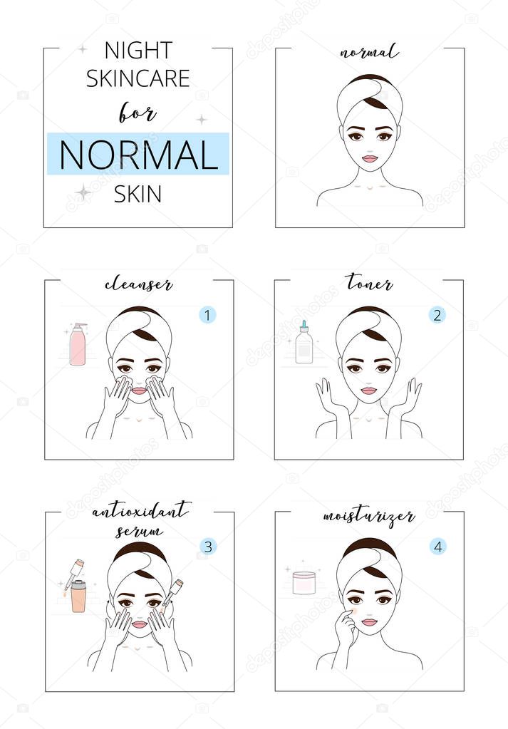 Beautiful girl with normal  skin, face night care for acne skin. Line style vector illustration, isolated on white background.