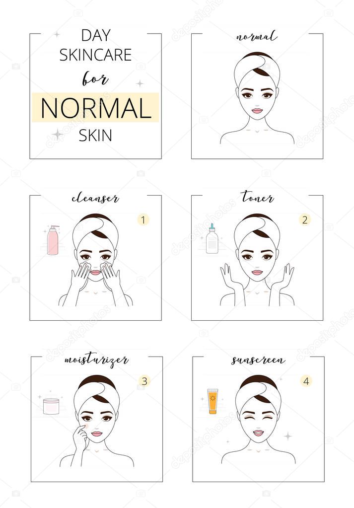 Beautiful girl with normal skin, face day care for acne skin. Line style vector illustration, isolated on white background.