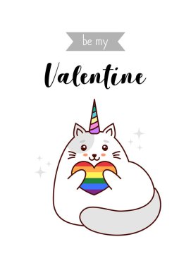 Sevgililer kawaii kartı, lgbt renkler beyaz arka plan üzerinde izole kalp, vektör çizim, şeklinde