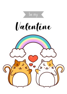 Benim Valentine tebrik, aşık kediler, büyük kalp ve kawaii gökkuşağı, vektör illüstrasyon, beyaz arka plan üzerinde izole olun