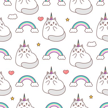 Kediler model, beyaz arka plan üzerinde tek boynuzlu at kedi ve gökkuşağı kawaii vektör illüstrasyon izole,