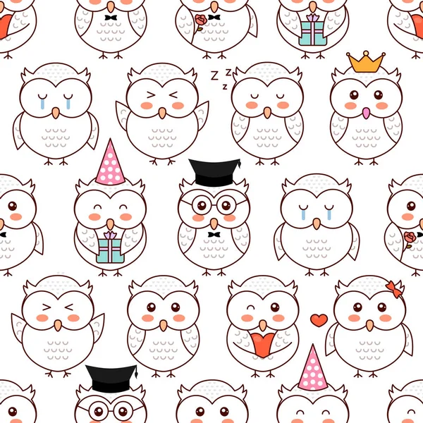猫头鹰模式 不同的情感 卡通矢量无缝模式 隔离在白色背景 — 图库矢量图片