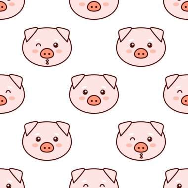 Pigs faces with different moods, cute cartoon pattern, kawaii vector illustration,  isolated on white background