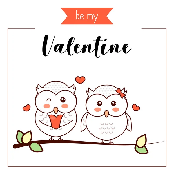 Happy owls sitting on a branch, owls in love, Valentines greeting, vector illustration
